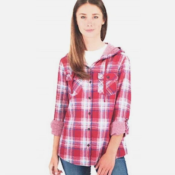 Boston Traders Hoodie Button Down Top Womens Size XL Pink Plaid Roll Tab Sleeves - Picture 1 of 12